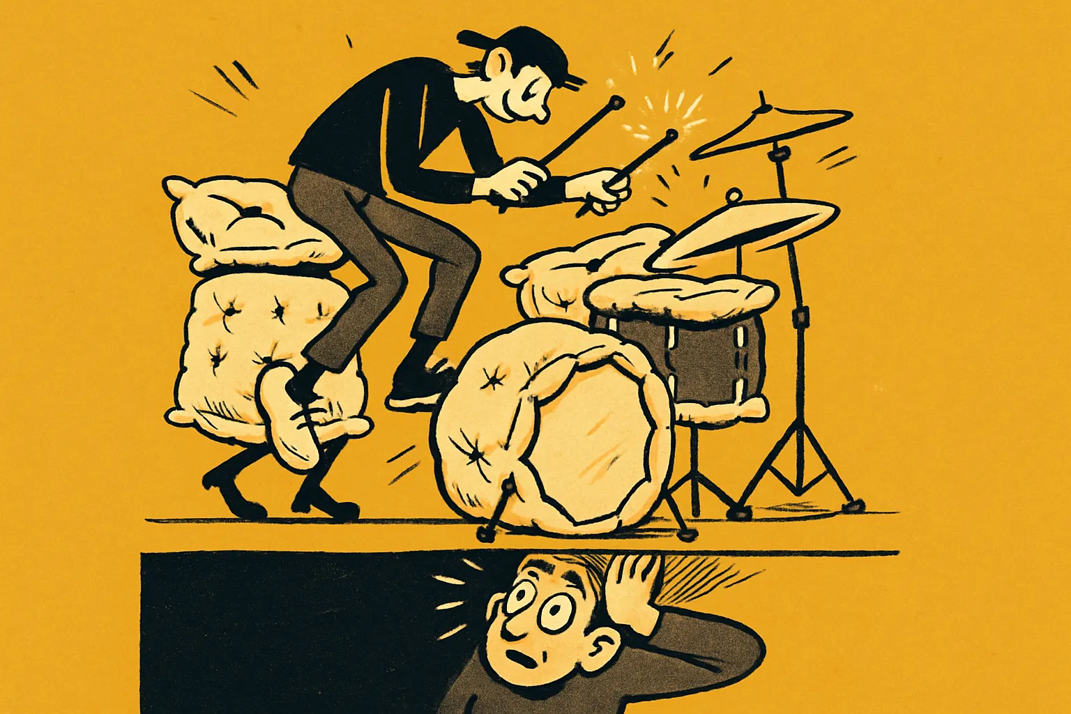 A drummer playing a pillow-muffled kit while the neighbour below covers their ears