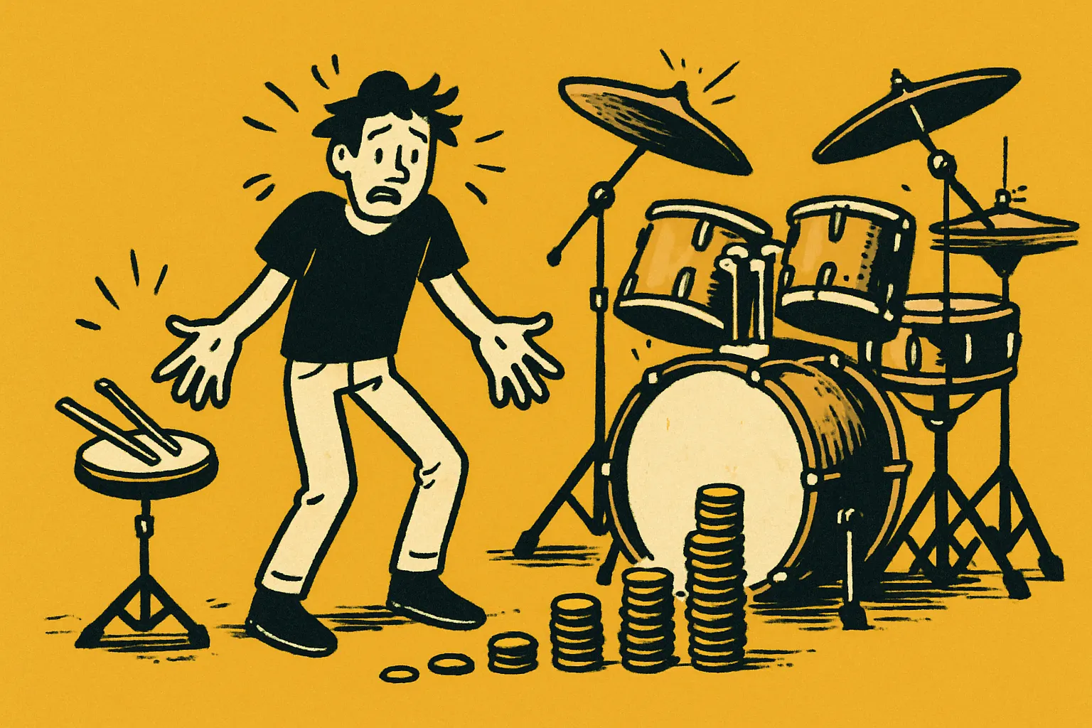 A drummer facing a kit with a pile of coins stacked beside it