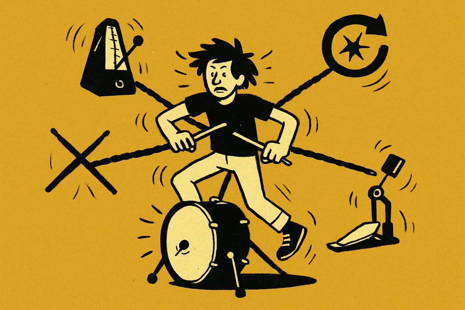 A drummer tangled in their own limbs mid-groove
