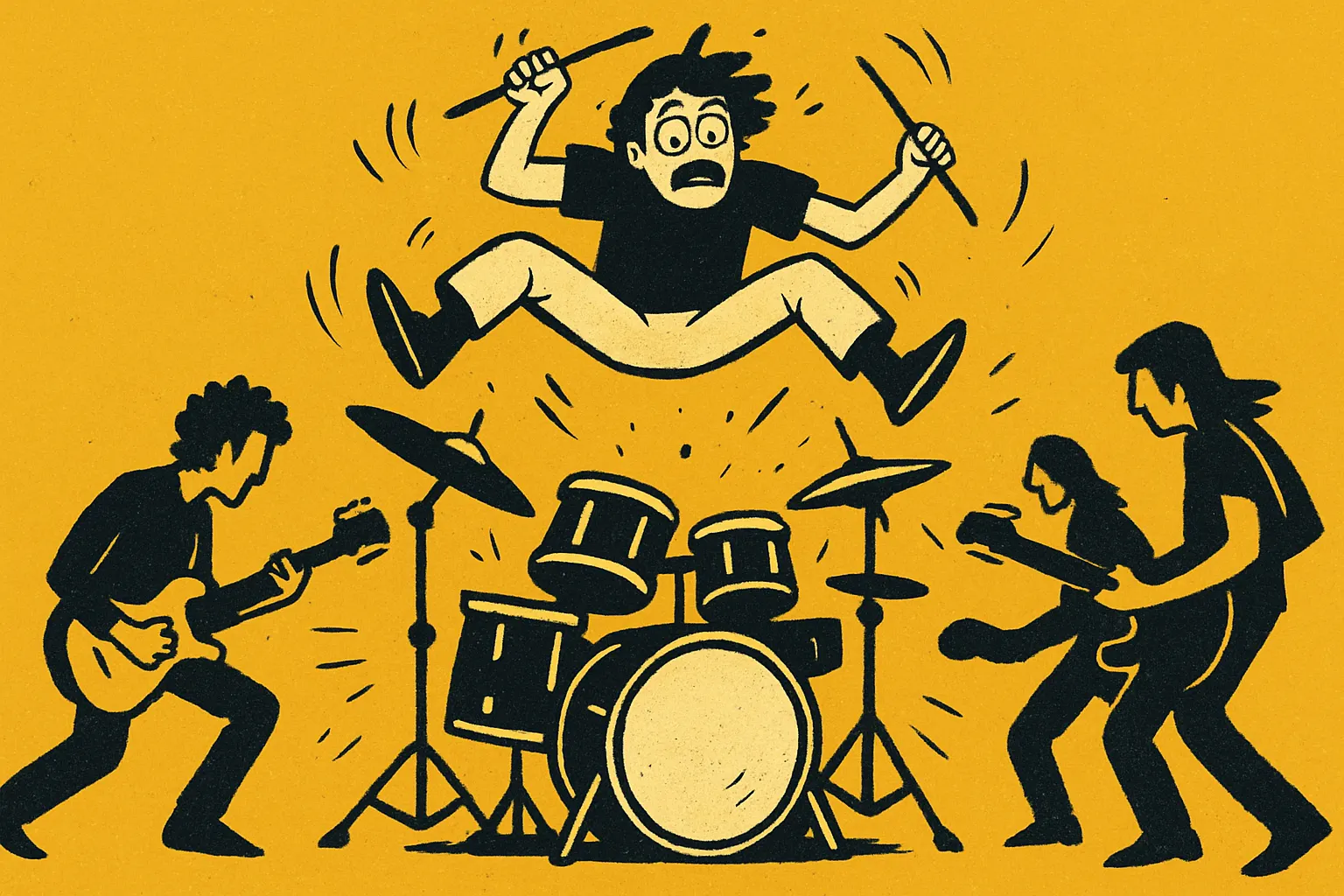 A beginner drummer flying off the stool mid-fill while the band plays on