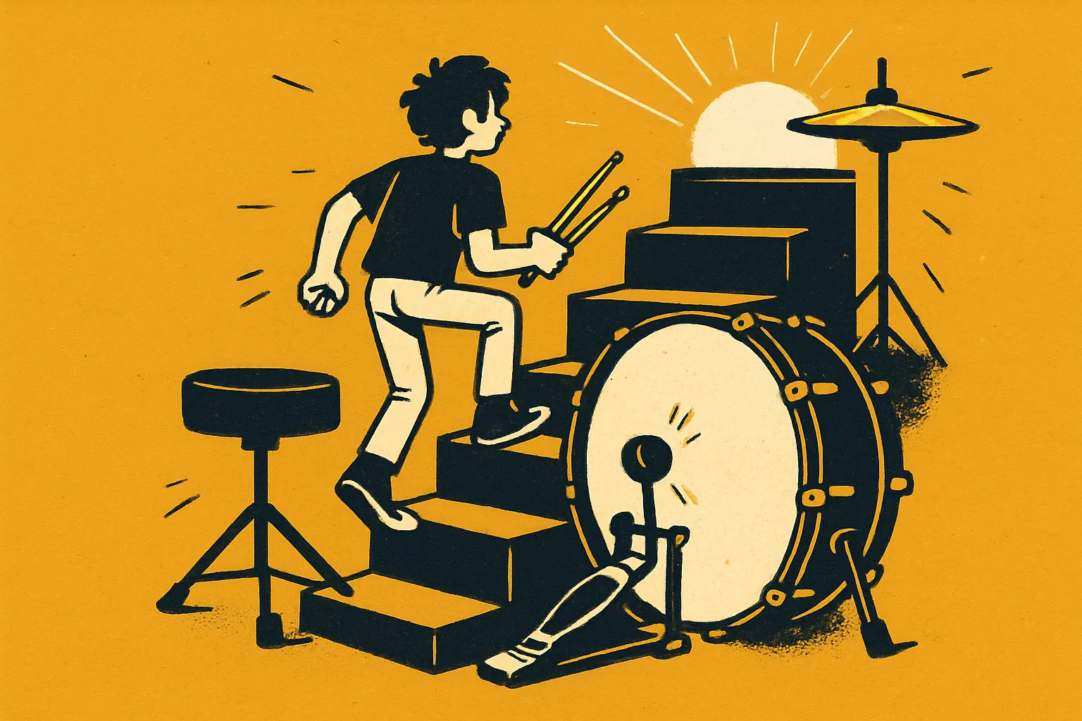 A drummer climbing a staircase of drums
