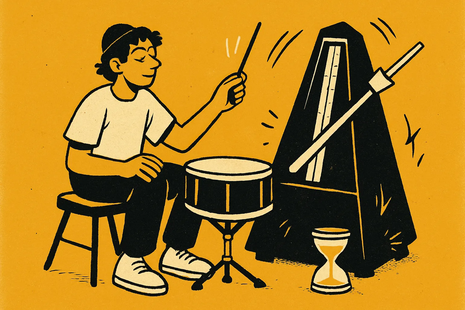 A drummer working a practice pad beside a metronome